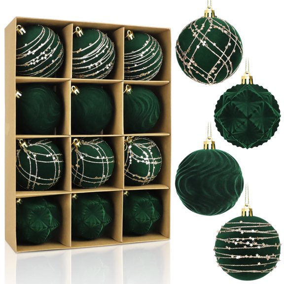 Tifeson 12pcs Velvet Christmas Balls Deep Green 3.15inch Flocked Shatterproof Hanging Ball Ornaments Christmas Tree Decorative Ornaments for Xmas Holiday Festival Party Decor Y102