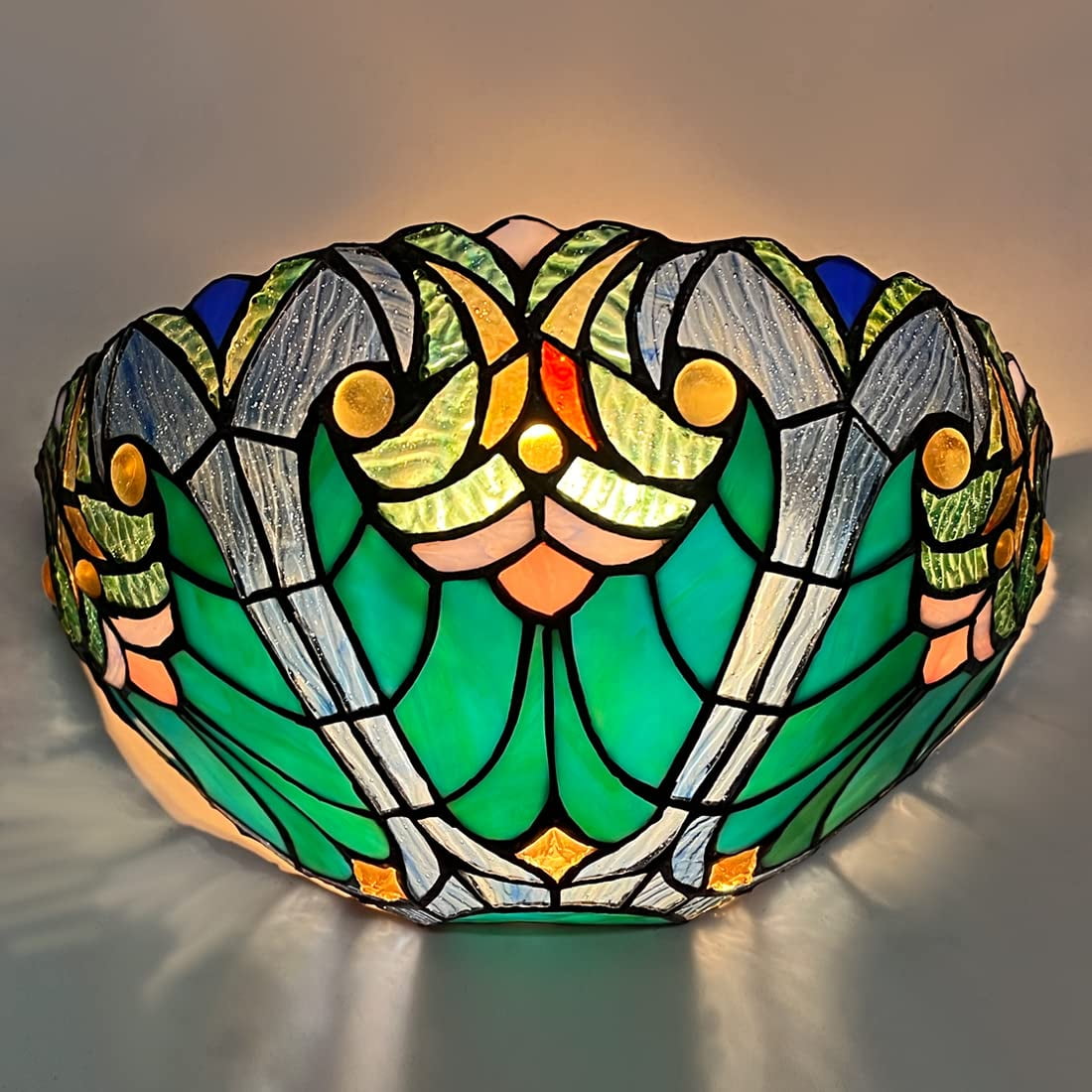 Victorian Sea Green Stained Glass Direct Wired Wall Sconce
