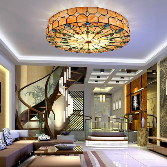 Tiffany 23-Inch Multicolor Stained Glass Flush Mount Ceiling Light, Dimmable