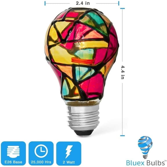 Tiffany 4 Pack Stained Glass Light Bulbs - A19 2W (25W Equivalent) E26 Base Mosaic Night & Party Light