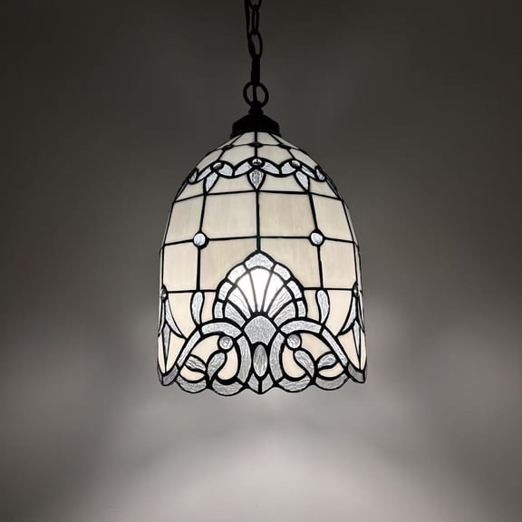 Tiffany Baroque Style Hanging Lamp with Stained Glass, 1-Light, LED Bulb, White 60"H*10"W*10"D