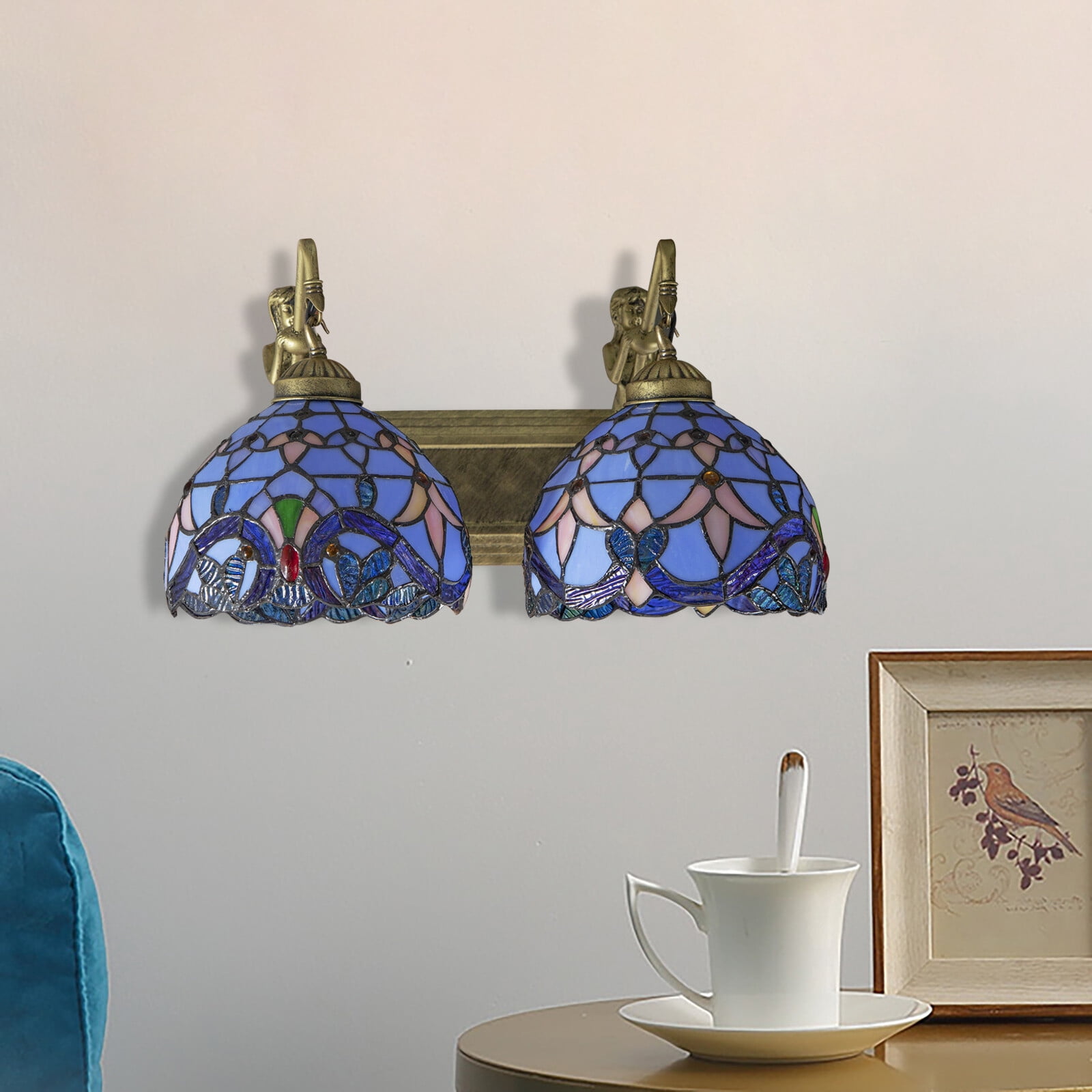 Indoor Tiffany Bathroom Vanity 2 Light Fixture Retro Stained Glass Wall Lighting
