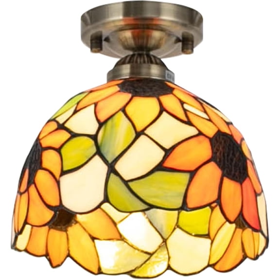 Tiffany Ceiling Light Fixture 7.8 Inches Wide Vintage Sunflower Patterns Stained Glass Semi Flush Mount Ceiling Lamp for Kitchen Porch Entryway Bathroom Hallway