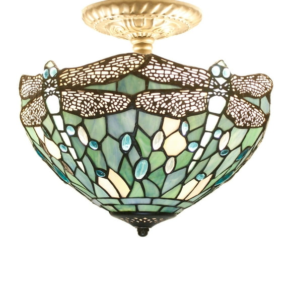 Tiffany Ceiling Light Fixture Semi Flush Mount 12" Sea Blue Stained Glass Dragonfly Cover Shade Overhead Close to Island Hanging Lamp Decor Bedroom Kitchen Dining Living Room Entry Hallway WERFACTORY