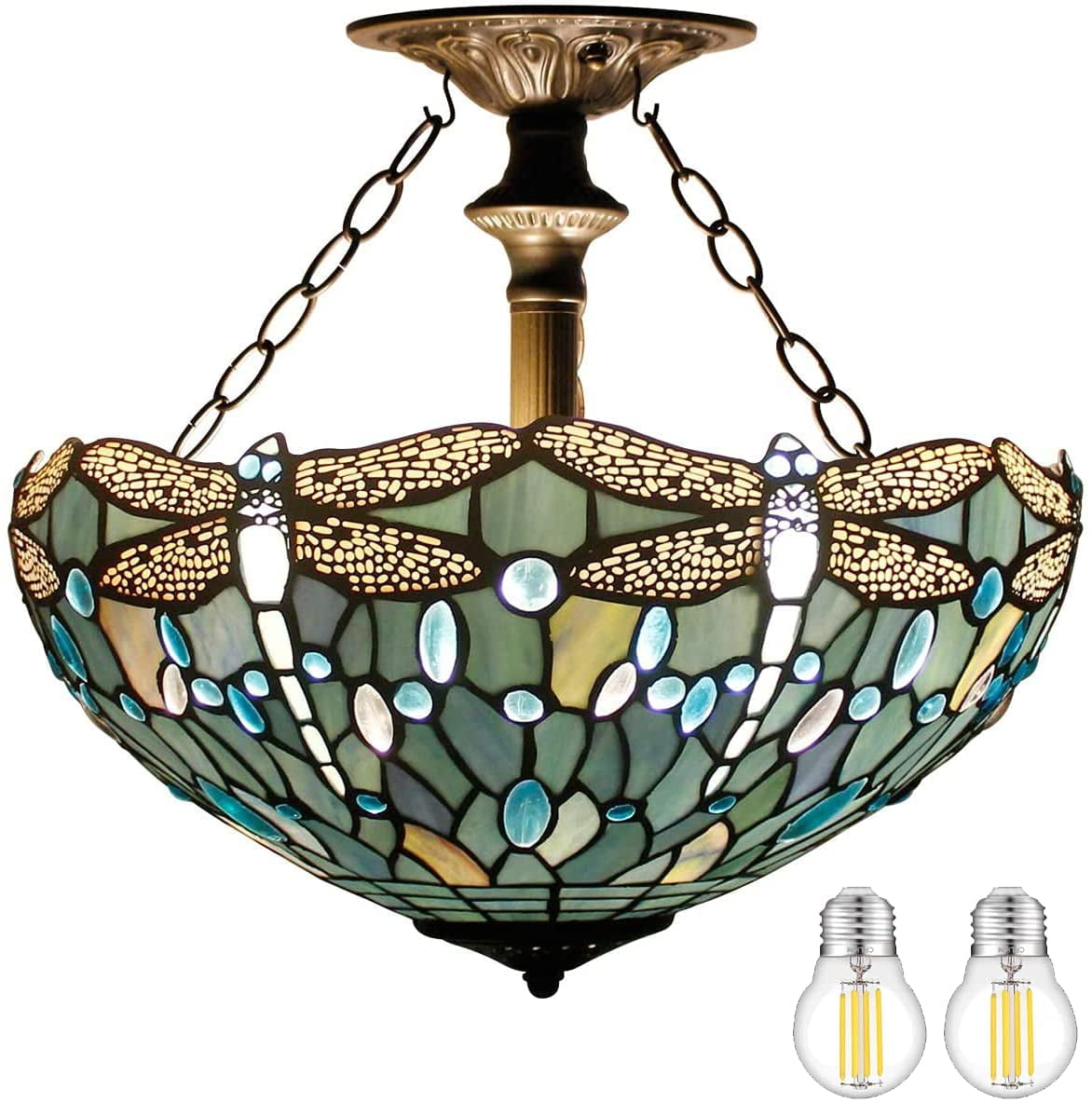 Tiffany Ceiling Light Fixture Semi Flush Mount 16" Sea Blue Stained Glass Dragonfly Shade Close to Dome Island Boho Hanging Lamp Decor Bedroom Kitchen Dining Living Room Entry Foyer Hallway WERFACTORY