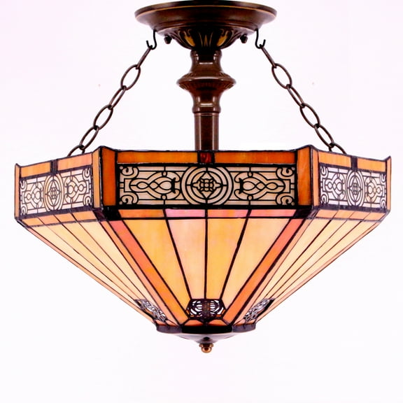 Tiffany Ceiling Light Fixture Semi Flush Mount 16" Yellow Stained Glass Mission Hexagon Shade Island Hanging Lamp Close to Dome Decor Bedroom Kitchen Dining Living Room Entry Foyer Hallway