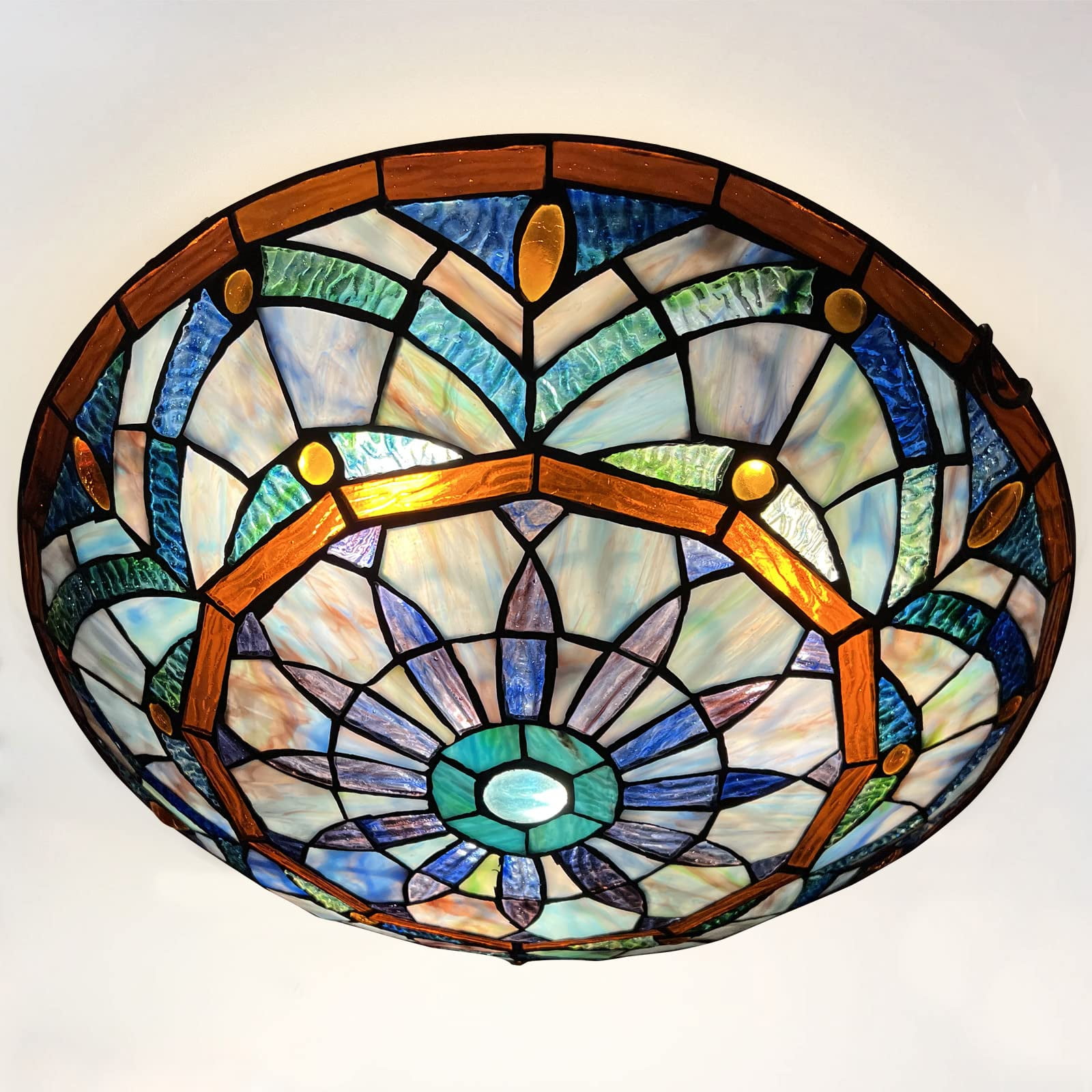 Tiffany Ceiling Light Fixtures 3-Light, Flush Mount 16" Wide Vintage Blue Stained Glass Lampshade Ceiling Lamp