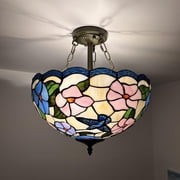 Tiffany Ceiling Lights Blue Pink Stained Glass Hummingbird Flowers LED Bulbs Included for Bed Room Living Room Entryway16W*16D*16H
