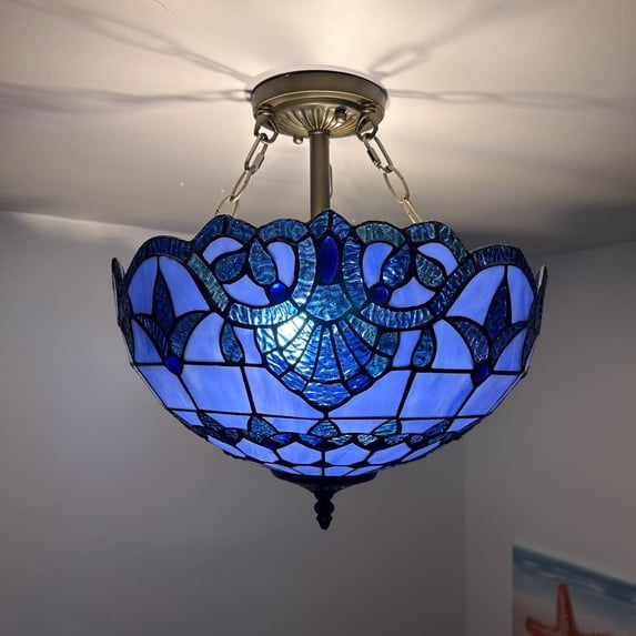 Tiffany Ceiling Lights Blue Stained Glass Baroque Style LED Bulbs Included for Bed Room Living Room Entryway16"W*16"D*16"H