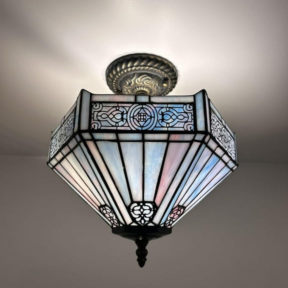 Tiffany Ceiling Lights Fixture Blue Pink Stained Glass Hexagon LED Bulbs Included for Living Room Bedroom Kitchen 12"W*12"D*12"H