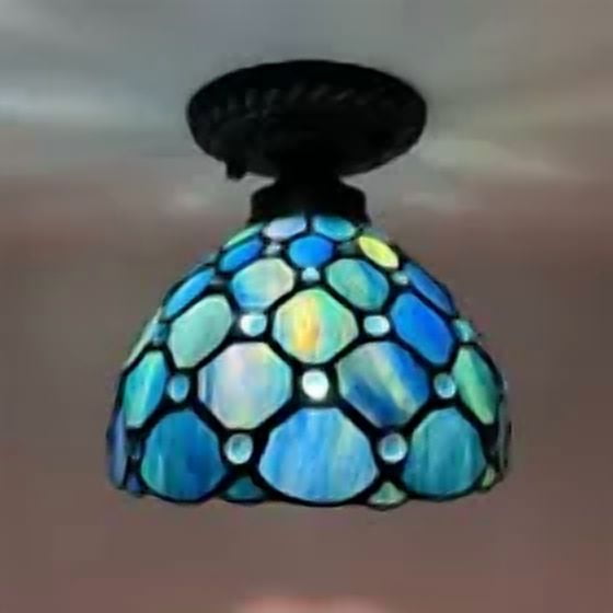 Tiffany Ceiling Lights Fixture 8"W*8"D*8"H Blue Stained Glass Crystal Glass 1-Light