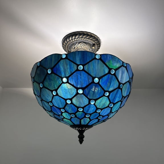 Tiffany Ceiling Lights Fixture 12"W*12"D*12"H Blue Stained Glass Crystal Glass 12-Light
