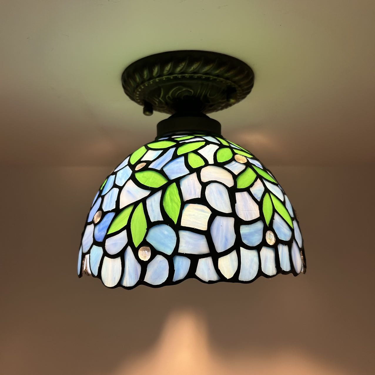 ENJOY DÉCOR LAMPS Tiffany 8-Inch Ceiling Light Fixture, Bronze, 1-Light, Corded Electric, for Living Room, Indoor, with Stained Glass Bowl