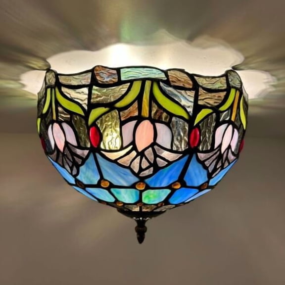Tiffany Ceiling Lights Fixture Blue Stained Glass Tulips LED Bulbs Included 12W*12D*8H