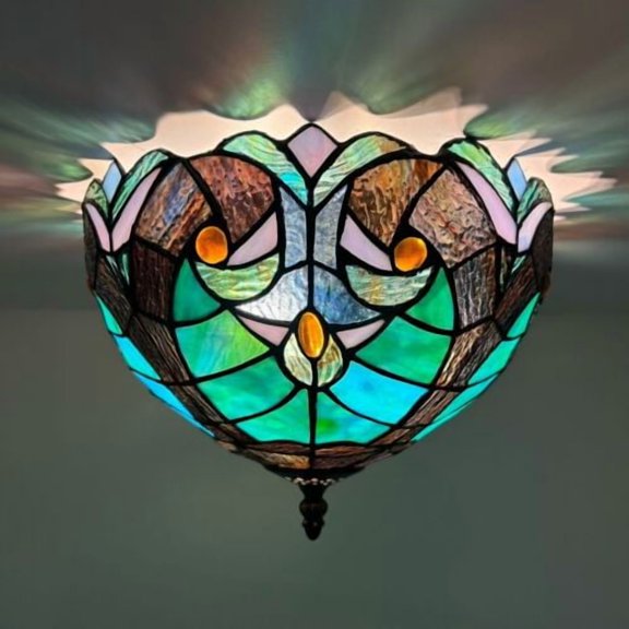 Tiffany Ceiling Lights Fixture Brown Green Stained Glass LED Bulbs Included 12”W*12”D*8”H