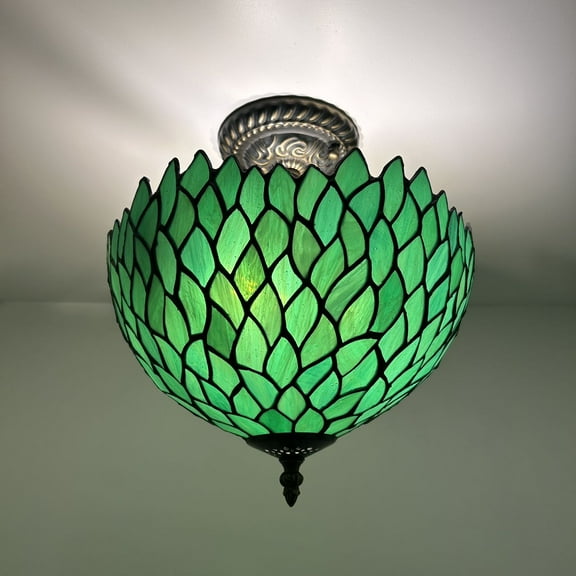 Tiffany Ceiling Lights Fixture Green Stained Glass Leaves LED Bulbs Included for Living Room Bedroom Kitchen 12W*12D*12H
