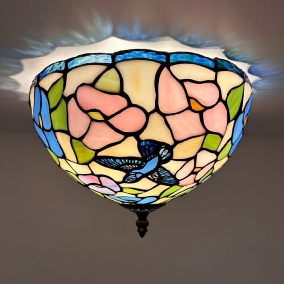 Tiffany Ceiling Lights Fixture Pink Blue Stained Glass Hummingbird Flowers LED Bulbs 12”W*12”D*8”H
