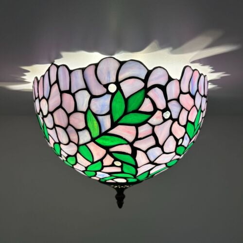 Tiffany Ceiling Lights Fixture Purple Stained Glass Green Leaves LED Bulbs Included 12W*12D*8H