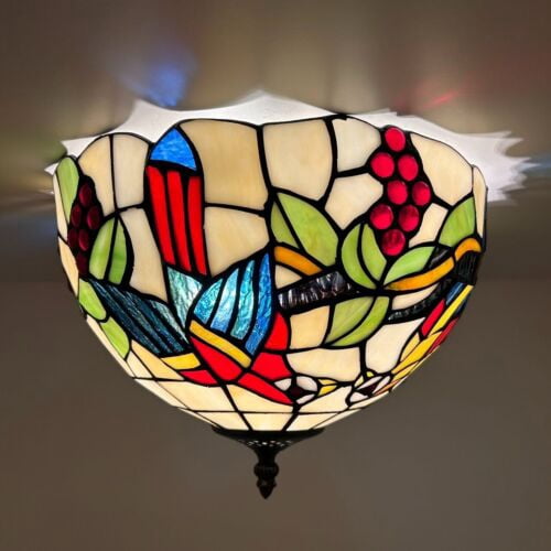 ENJOY DÉCOR LAMPS 12-Inch Tiffany Ceiling Light Fixture with Stained Glass Parrots Grapes, 2-Light, Bronze, Corded Electric