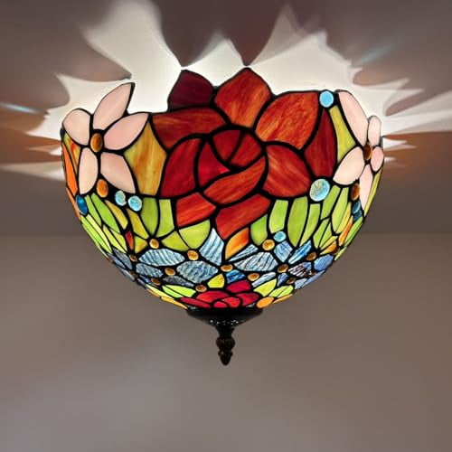 Tiffany Ceiling Lights Fixture 12"W*12"D*8"H Stained Glass Rose Flowers LED 12-Light Red Orange Blue Glass