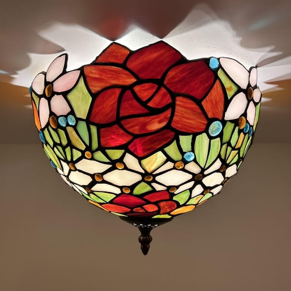 Tiffany Ceiling Lights Fixture 12"W*12"D*8"H Red Orange Stained Glass Rose Flowers 12-Light LED Bulbs