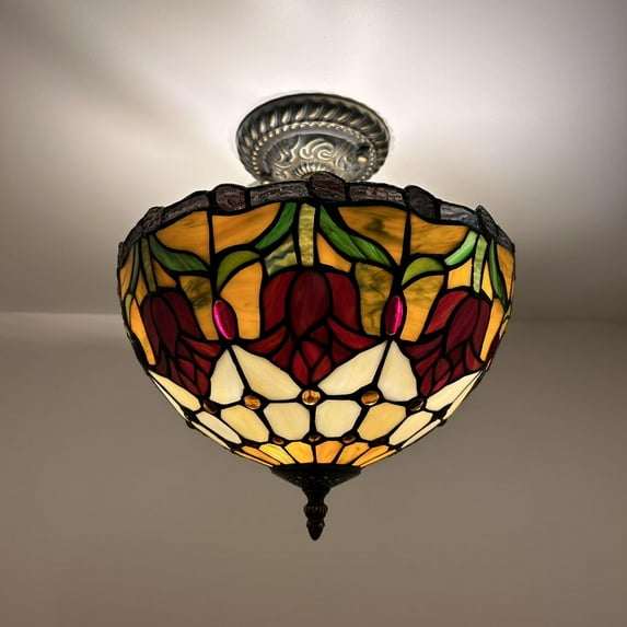Enjoy Decor Lamps 12-Inch Tiffany Ceiling Light, 2-Light, Bronze, Corded Electric, Bedroom, Indoor, Stained Glass