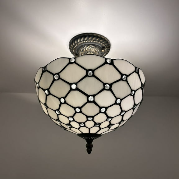 Tiffany Ceiling Lights Fixture White Stained Glass Crystal Beans LED Bulbs Included for Living Room Bedroom Kitchen 12"W*12"D*12"H