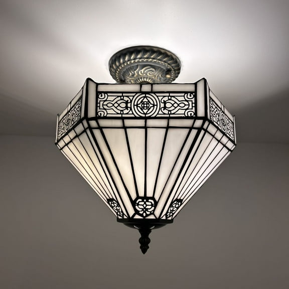 Tiffany Ceiling Lights Fixture White Stained Glass Hexagon LED Bulbs Included for Living Room Bedroom Kitchen 12"W*12"D*12"H