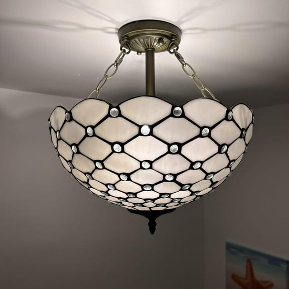Tiffany 16" White Stained Glass Crystal Beans 16-Light Ceiling Lights with Glass Shades
