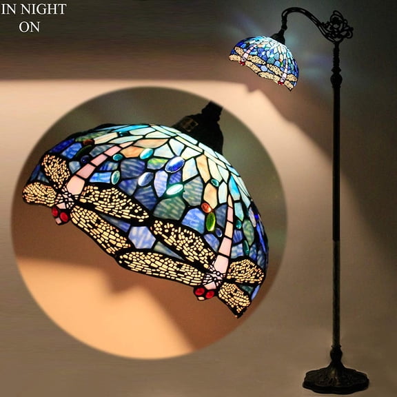 Tiffany Floor Lamp 64"Tall Industrial Pole Vintage Boho Blue Stained Glass Dragonfly Standing Corner Bright Reading Light LED Arched Gooseneck Adjustable Living Room Kids Bedroom Farmhouse