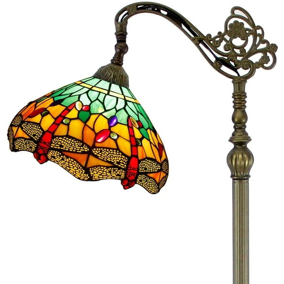 Tiffany Floor Lamp 64" Tall Industrial Pole Vintage Boho Green Stained Glass Dragonfly Standing Corner Bright Reading Soft Light Arched Adjustable-Living Room Kids Bedroom Office Farmhouse