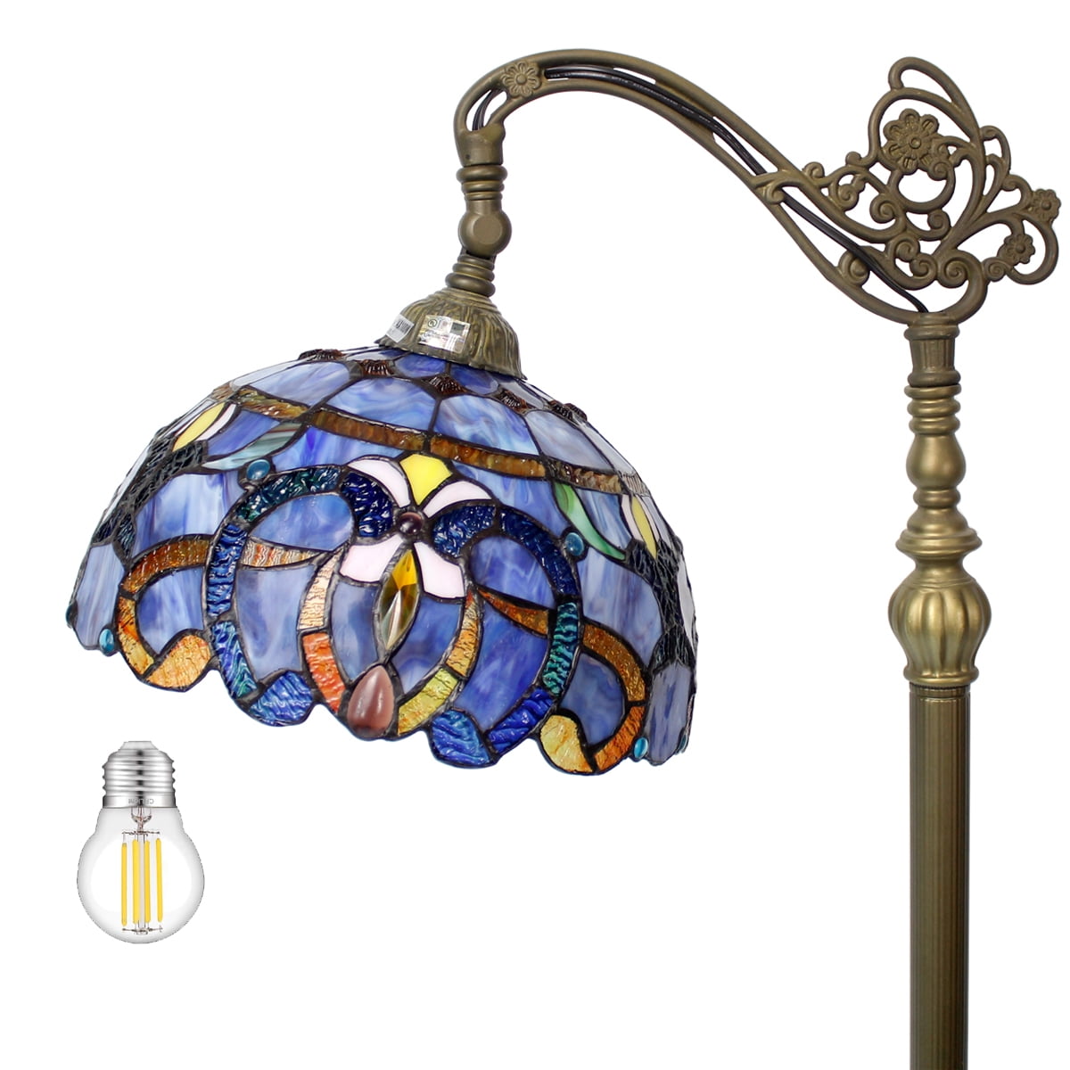 Tiffany Floor Lamp 64" Tall Industrial Pole Vintage Boho Stained Glass Standing Corner Bright Reading LED Light Arched Rustic Gooseneck Adjustable Living Room Kids Bedroom Farmhouse Office WERFACTORY