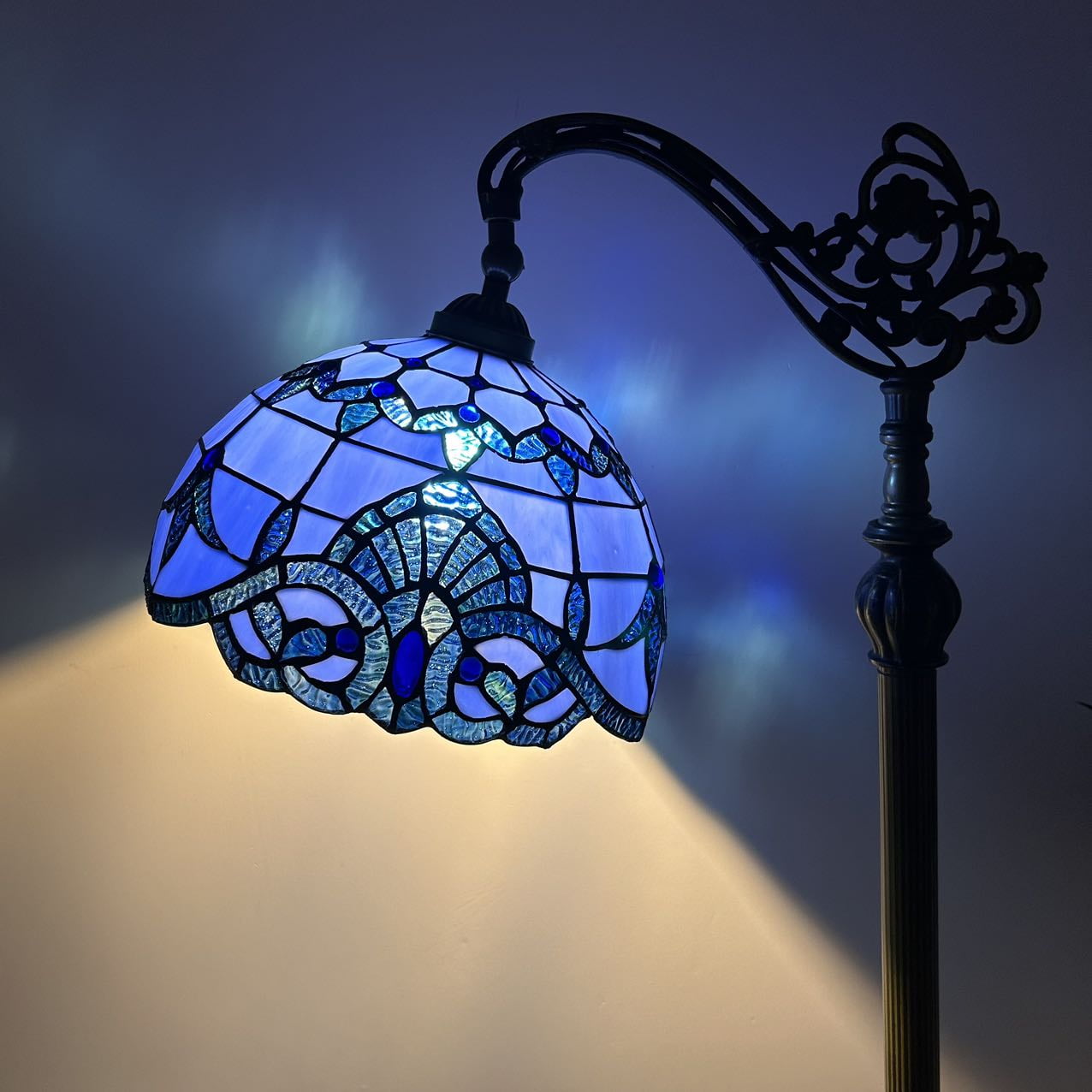 Tiffany Blue Stained Glass Adjustable Bronze Floor Lamp