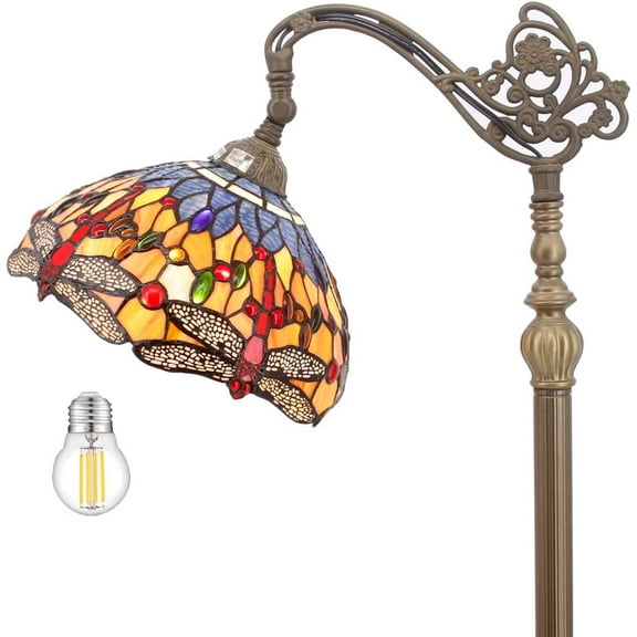 Tiffany Floor Lamp Dragonfly 64" Tall Industrial Pole Vintage Boho Blue Stained Glass Standing Corner Bright Reading Light LED Arched Gooseneck Adjustable-Living Room Kids Bedroom Farmhouse WERFACTORY