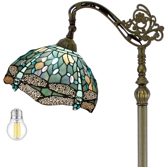 WERFACTORY 64" Victorian Bronze Antique Floor Lamp with Stained Glass Multicolor Dragonfly Bowl