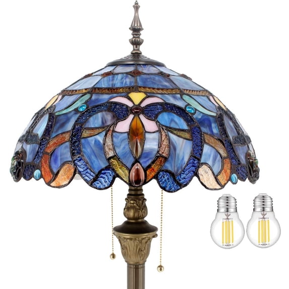 werfactory Tiffany Floor Lamp with blue purple stained glass shade, 64 in tall, bronze antique base