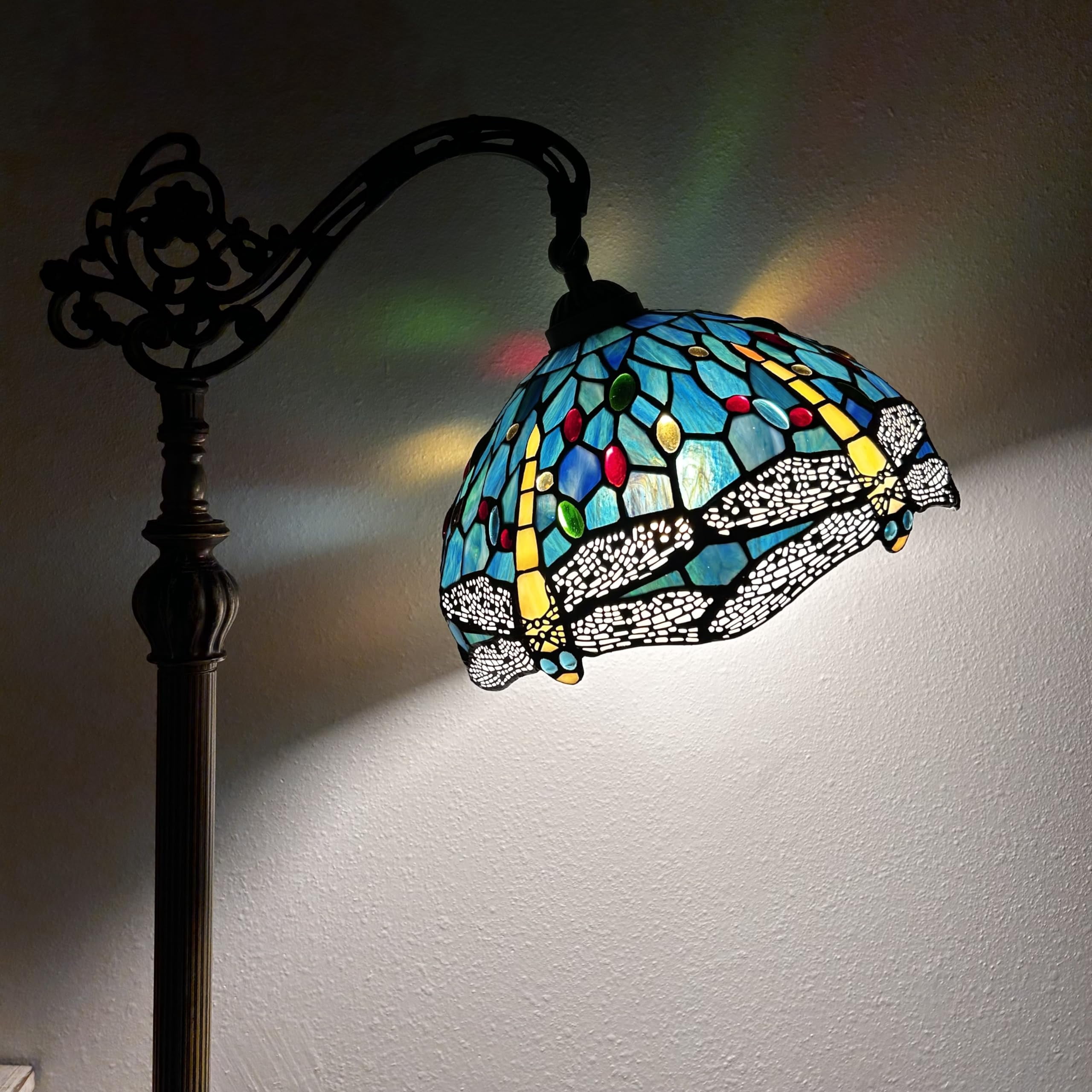 Enjoy Décor Lamps Tiffany 1-Light Dragonfly Gooseneck Adjustable LED Bulb Included Reading Floor Lamp with Stained Glass Bowl Multicolor