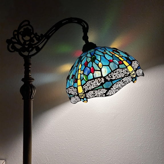 Enjoy Dcor Lamps Tiffany 1-Light Dragonfly Gooseneck Adjustable LED Bulb Included Reading Floor Lamp with Stained Glass Bowl Multicolor