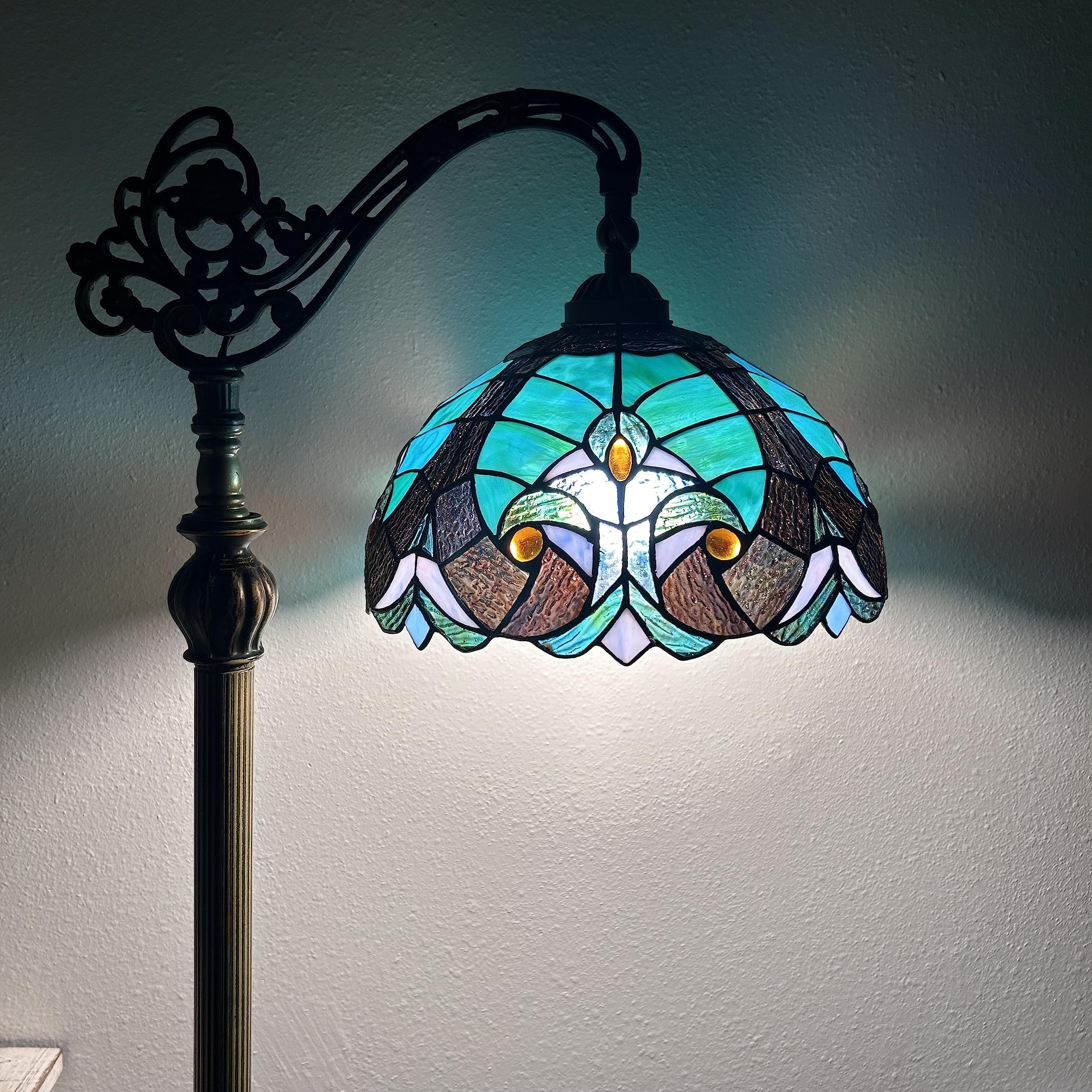 Tiffany Floor Lamp Green Brown Liaison Stained Glass Gooseneck Adjustable LED Bulb Included for Living Room Bedroom 20"W*12"D*63"H