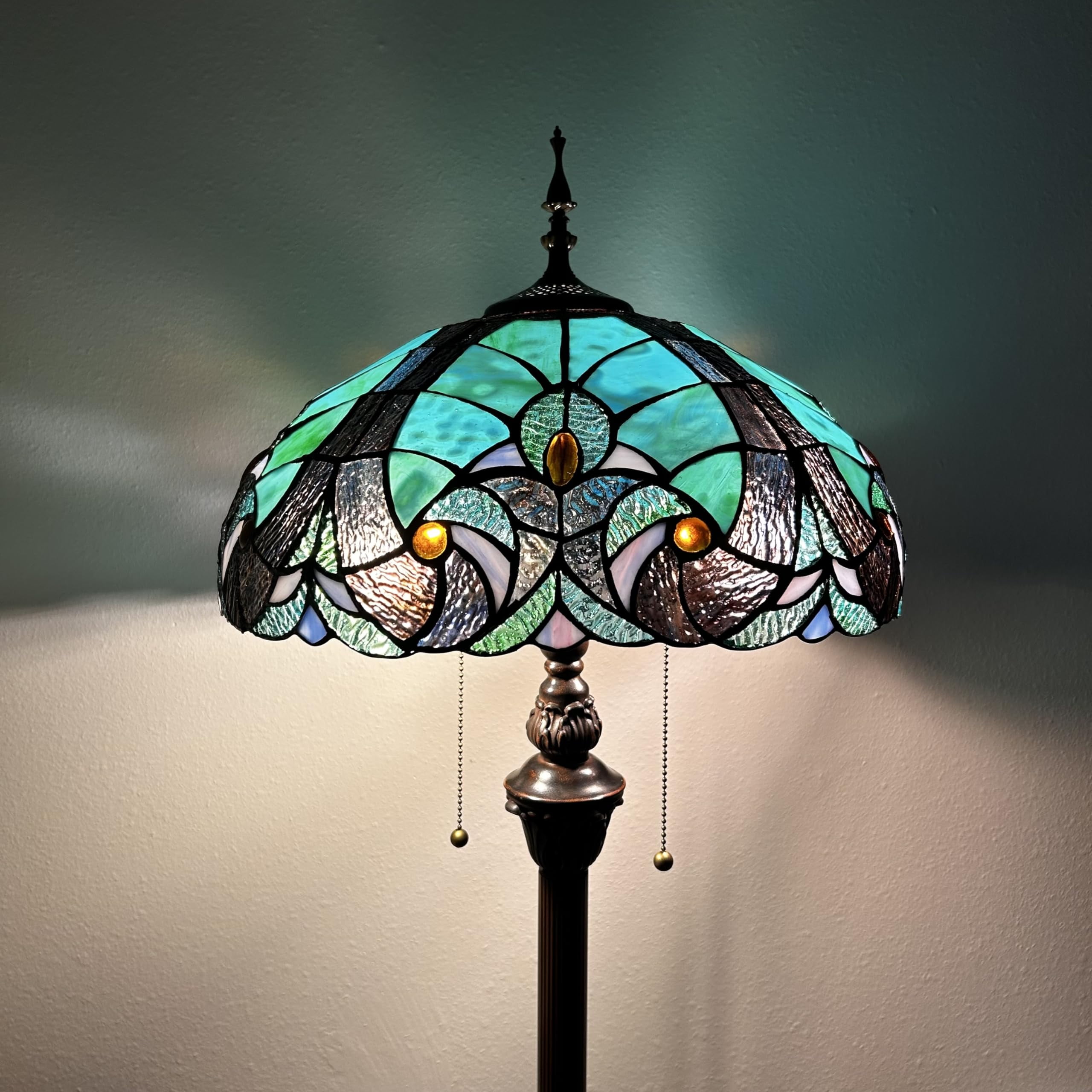 Tiffany Floor Lamp Green Brown Stained Glass LED bulbs included Pull Chain Switches For Living Room Bedroom Bedside 16"W*16"D*64"H