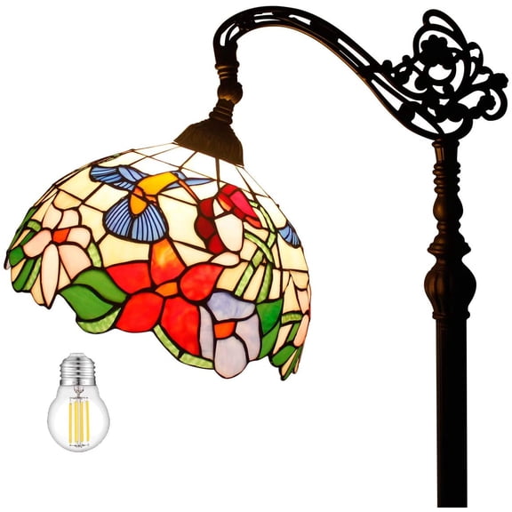Tiffany Floor Lamp LED 64" Tall Industrial Pole Vintage Boho Hummingbird Stained Glass Standing Corner Bright Reading Light Arched Gooseneck Adjustable Living Room Kids Bedroom Farmhouse