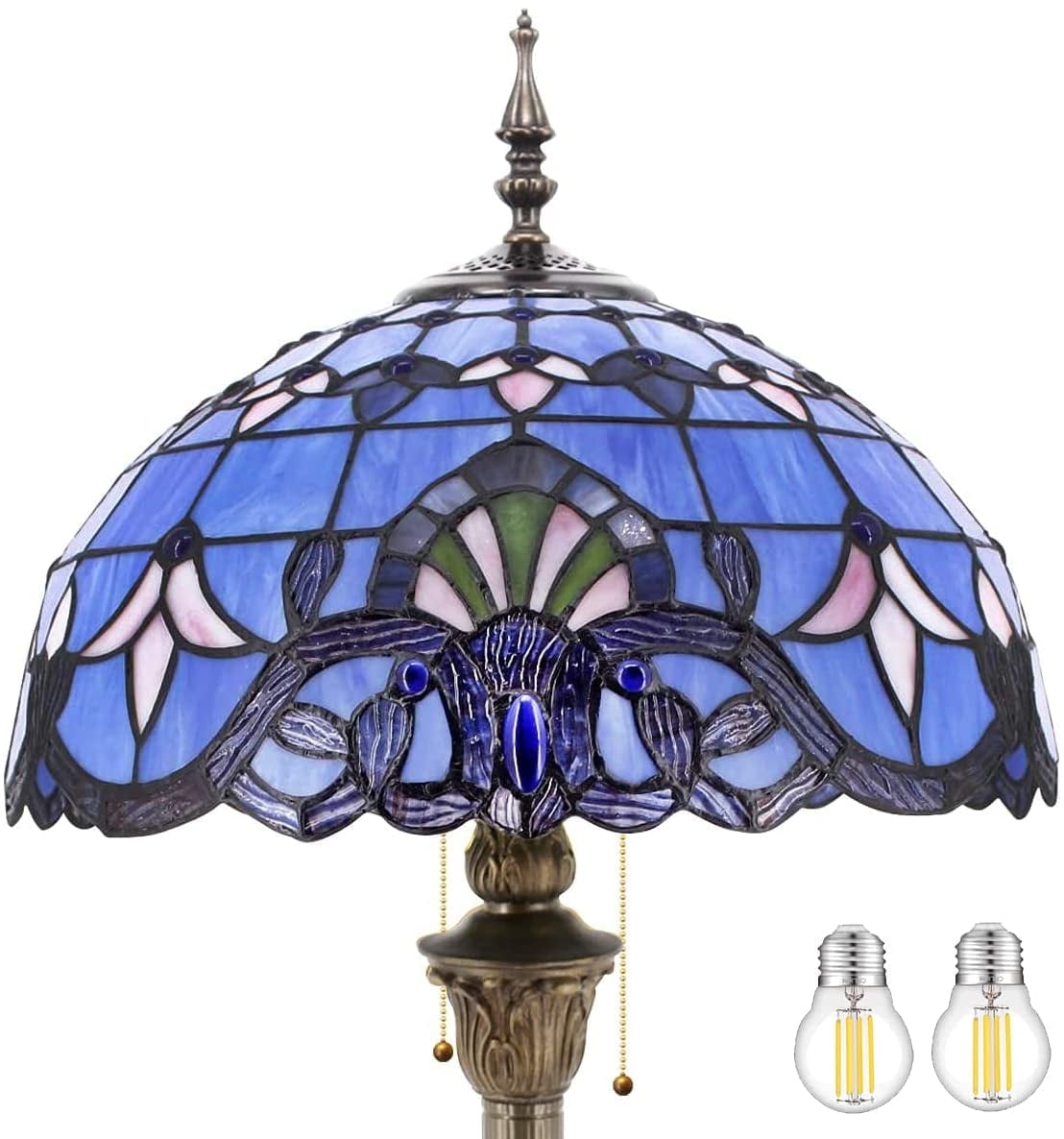 Tiffany Floor Lamp LED Bright Standing Reading Light 64"Tall Blue Stained Glass Baroque Style Shade Boho Industrial Bronze Pole Vintage Base Corner Kids Bedroom Living Room Farmhouse Office WERFACTORY