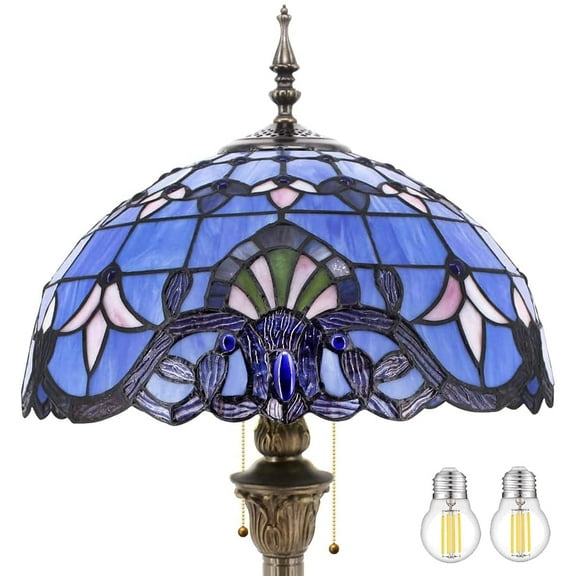 Tiffany Floor Lamp LED Bright Standing Reading Light 64"Tall Blue Stained Glass Baroque Style Shade Boho Industrial Bronze Pole Vintage Base Corner Kids Bedroom Living Room Farmhouse Office WERFACTORY