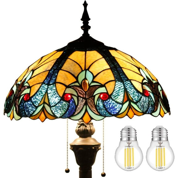 Tiffany Floor Lamp LED Glam Bright Standing Reading Light 64"Tall Blue Stained Glass Liaison Shade Boho Industrial Bronze Pole Vintage Base Kids Bedroom Living Room Corner Farmhouse Office WERFACTORY