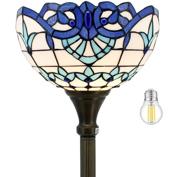 Tiffany Floor Lamp LED Torchiere Uplight 66" Tall Industrial Bronze Pole Vintage Boho Stained Glass Retro Standing Corner Bright Torch Light Cute Living Room Kids Bedroom Farmhouse Office WERFACTORY
