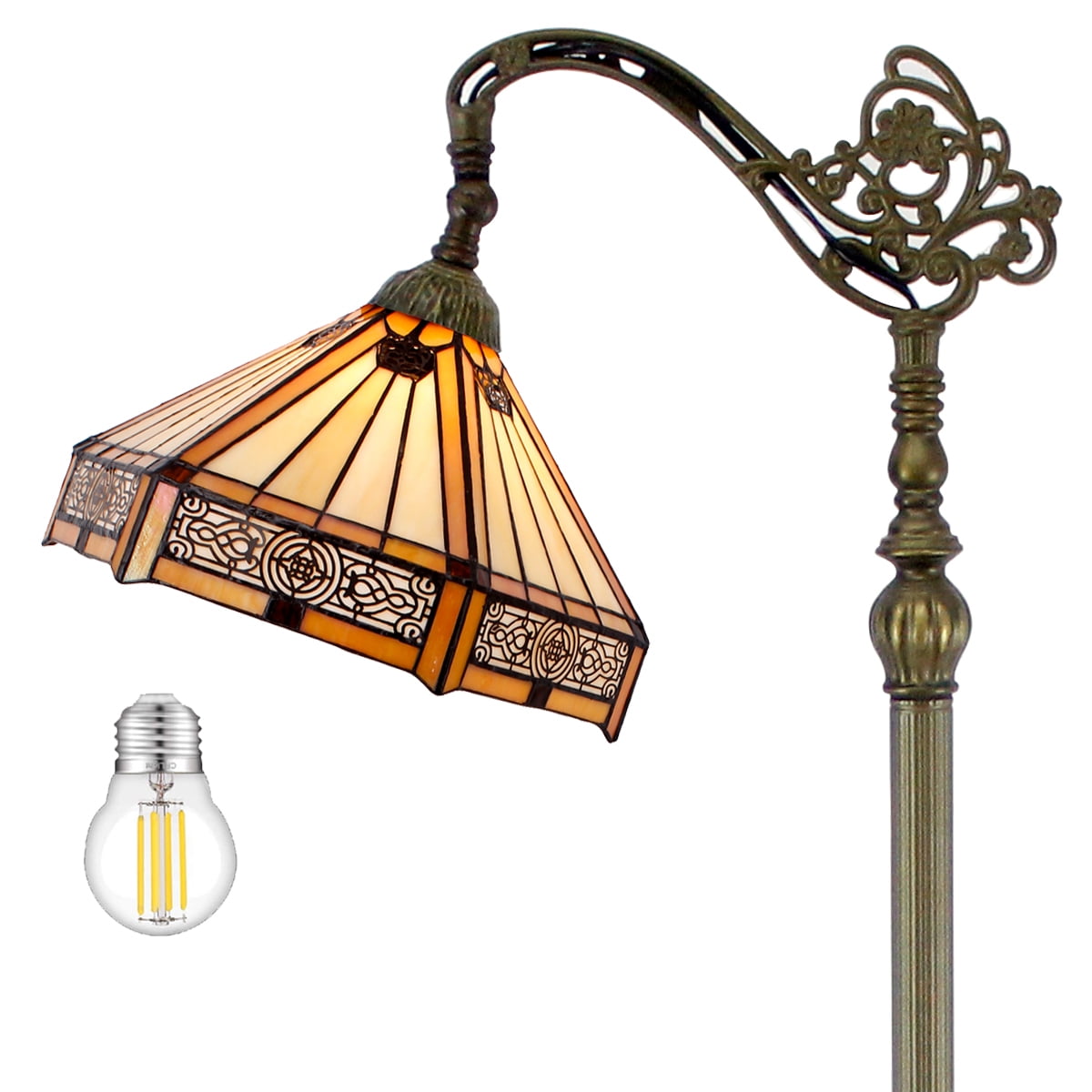 Tiffany Floor Lamp Mission Hexagon 64" Tall Industrial Pole Vintage Boho Stained Glass Standing Corner Bright Reading LED Light Arched Adjustable-Living Room Kids Bedroom Farmhouse Office WERFACTORY
