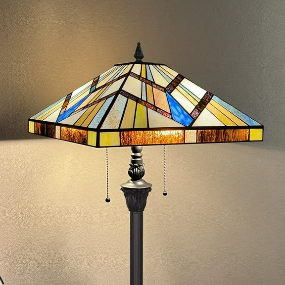 Tiffany Floor Lamp Mission Style Blue Stained Glass Floor Light for Reading Antique 16" Double Light Standing Lamp for Living Room Bedroom Home Office