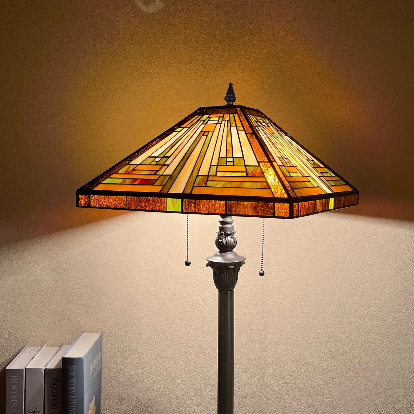 Tiffany Floor Lamp Mission Style Blue Stained Glass Floor Light for Reading Antique 16" Double Light Standing Lamp for Living Room Bedroom Home Office