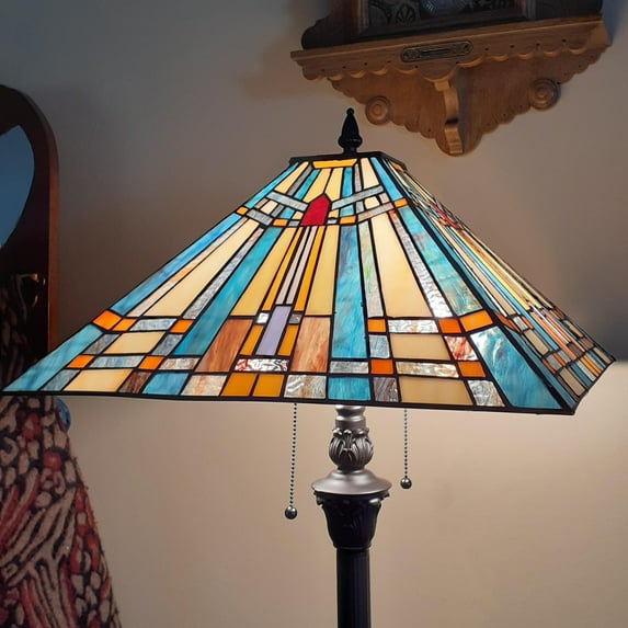 Tiffany Floor Lamp Mission Style Blue Stained Glass Floor Light for Reading Antique 16" Double Light Standing Lamp for Living Room Bedroom Home Office