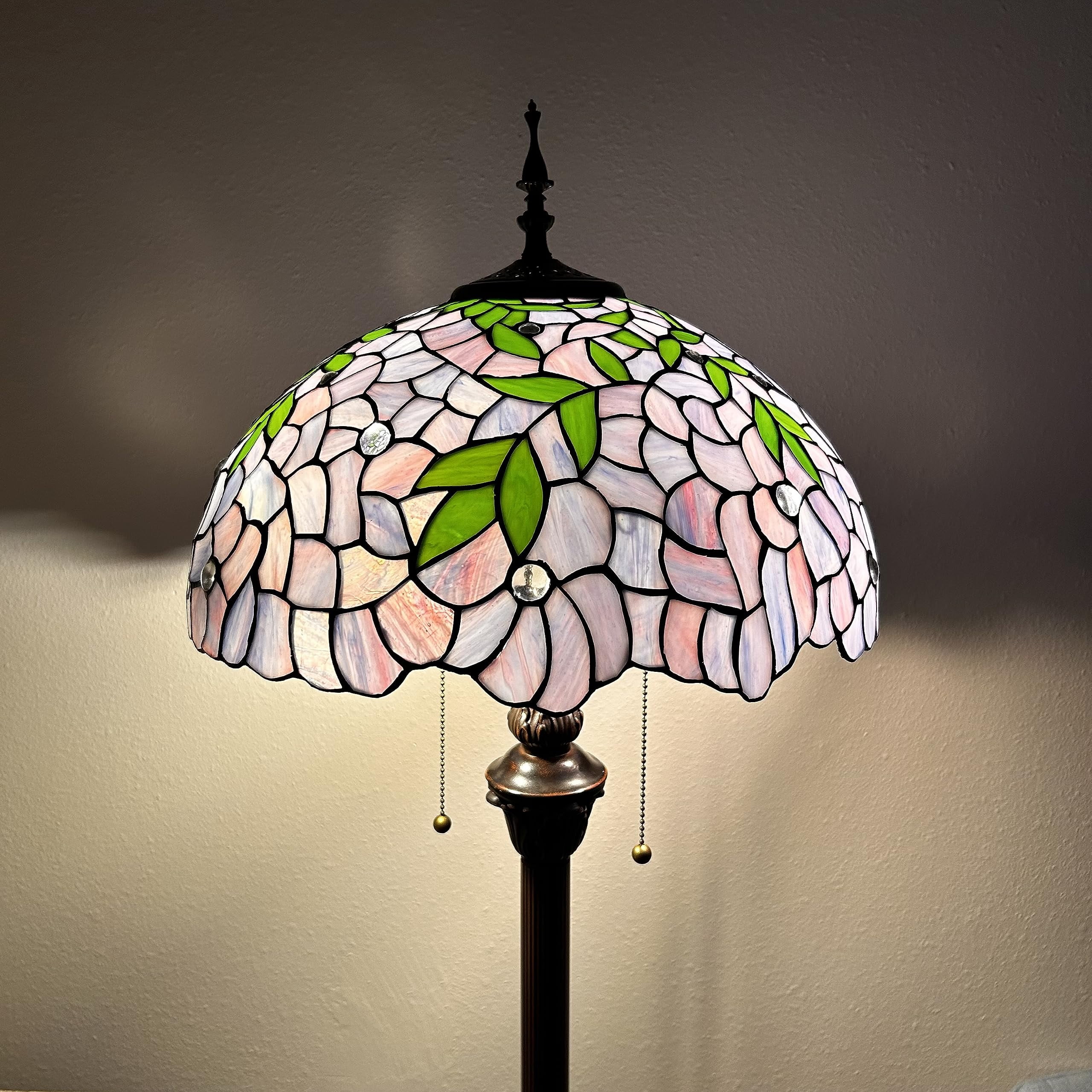 Tiffany Floor Lamp Purple Stained Glass Green Leaves Metal Base LED Bulbs Included For Living Room Bedroom 16"W*16"D*64"H